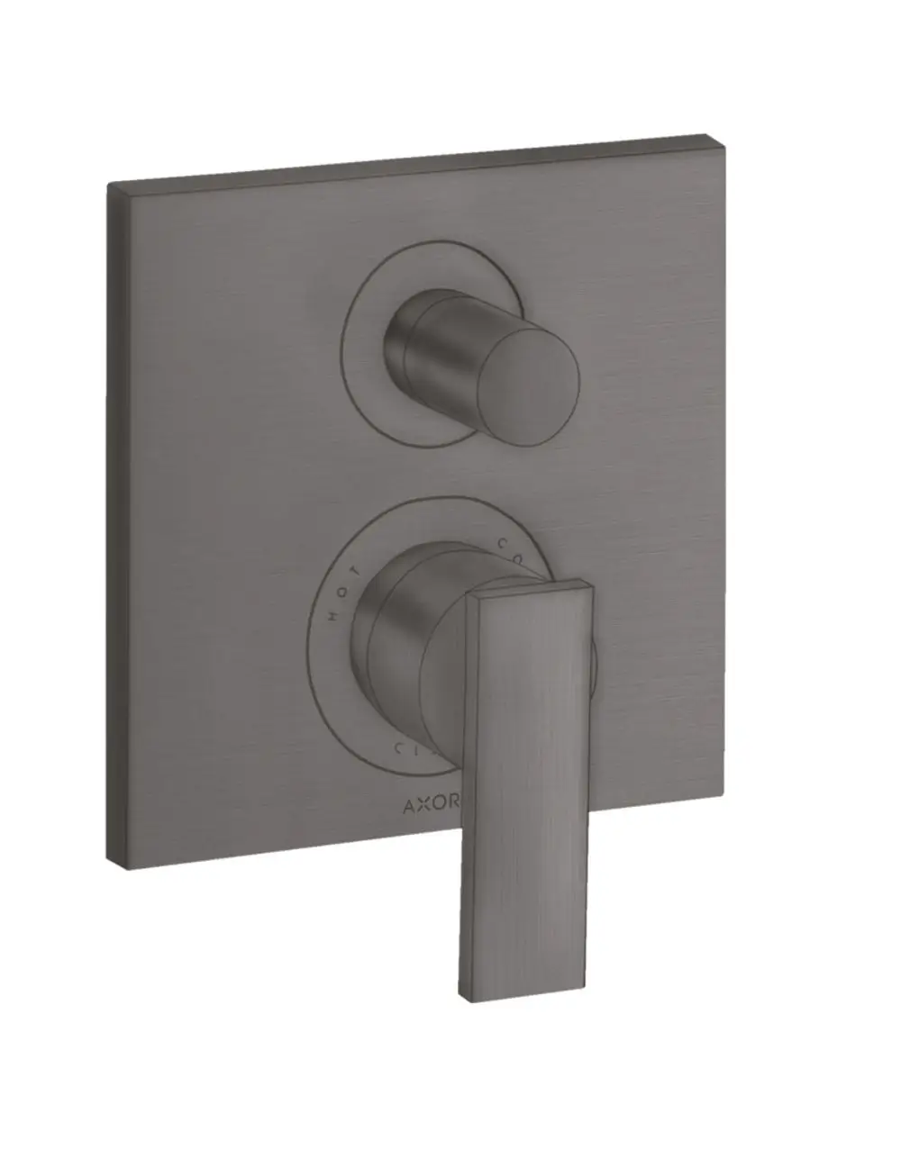 Aufputz-Badarmatur von AXOR mit einem runden und einem rechteckigen Griff für Temperatur- und Mengenregulierung in geb brushed black chrome.